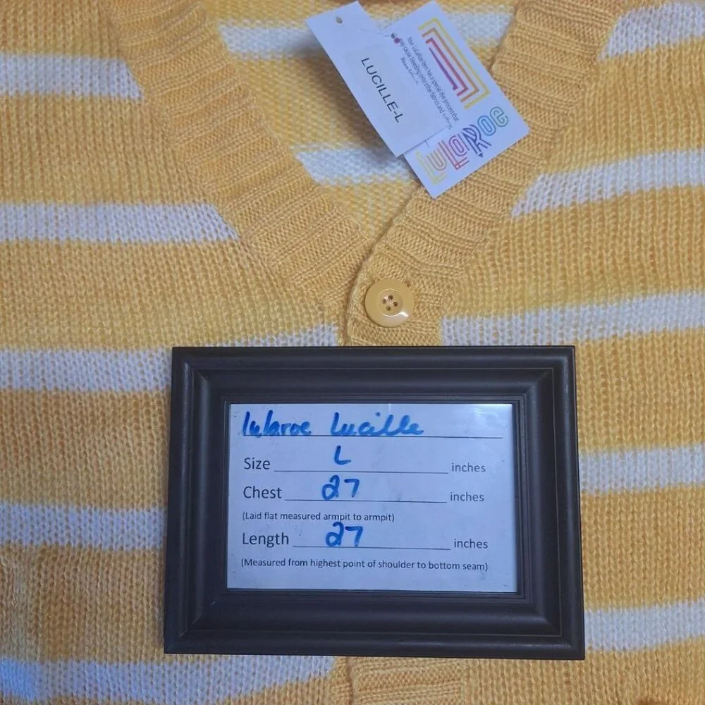 Lularoe Lucille Sweater Cardigan Yellow Stripe Womens Large Oversized Buttons - Picture 6 of 9